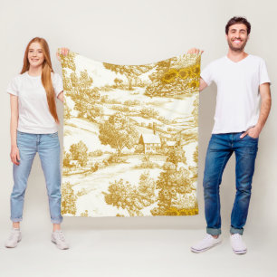 Rustic Golden Sunflower Homestead Toile Pattern Fleece Blanket