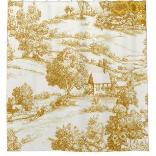 Rustic Golden Sunflower Homestead Toile Pattern Shower Curtain