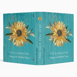 Rustic Golden Sunflower Teal Blue Barn Wood 3 Ring Binder