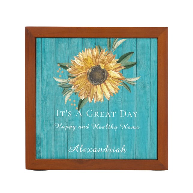 Rustic Golden Sunflower Teal Blue Barn Wood  Desk Organizer (Front)