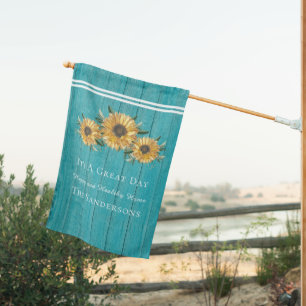Rustic Golden Sunflower Teal Blue Barn Wood House Flag