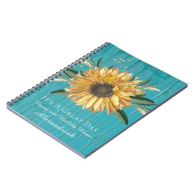 Rustic Golden Sunflower Teal Blue Barn Wood Mini B Notebook (Left Side)