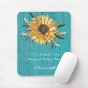 Rustic Golden Sunflower Teal Blue Barn Wood Mouse Pad