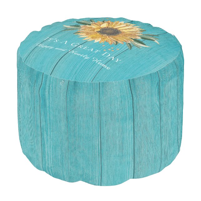 Rustic Golden Sunflower Teal Blue Barn Wood  Pouf (Angled Back)