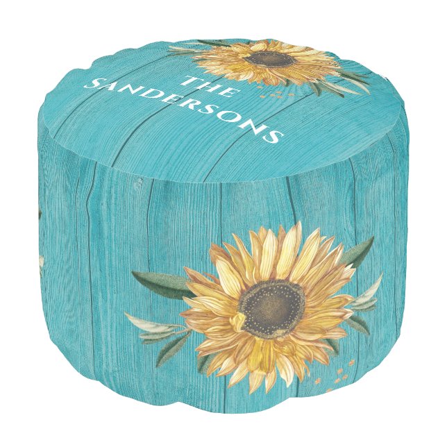 Rustic Golden Sunflower Teal Blue Barn Wood  Pouf (Angled Back)