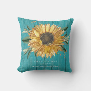 Rustic Golden Sunflower Teal Blue Barn Wood Throw Pillow