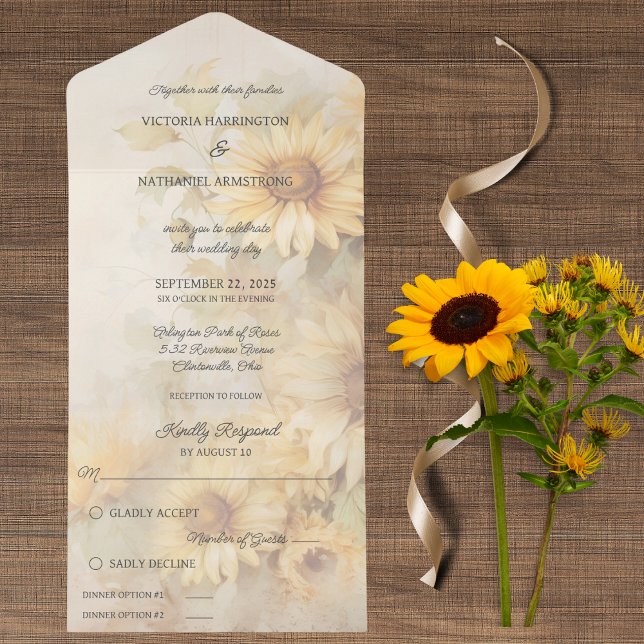 Rustic Golden Sunflowers  All In One Invitation (Also available with QR code or without dinner options. )