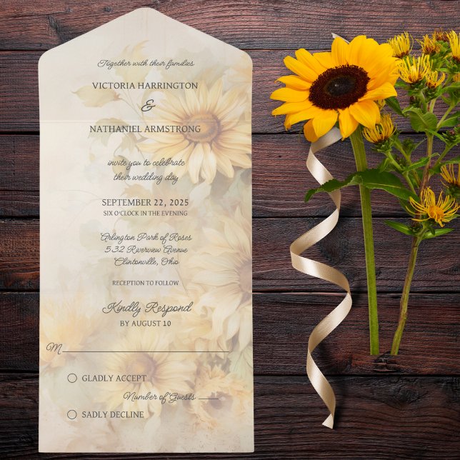 Rustic Golden Sunflowers  All In One Invitation (Also available with QR code or dinner options. )