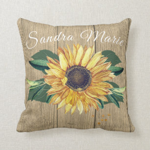 Rustic Golden Yellow Sunflower Tan Wood name Throw Pillow