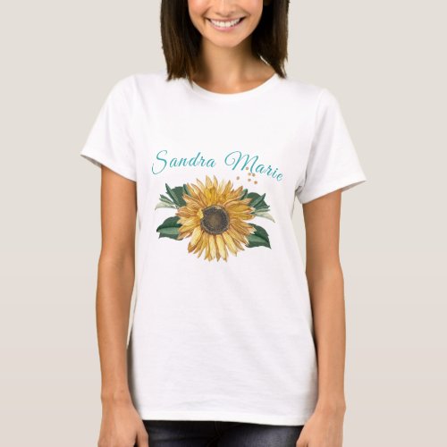 Rustic Golden Yellow Sunflower Teal Script T_Shirt