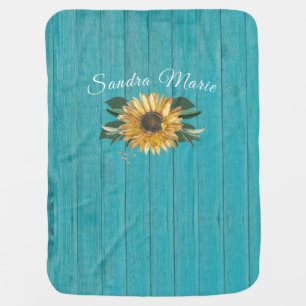 Rustic Golden Yellow Sunflower Teal Wood Baby Blanket