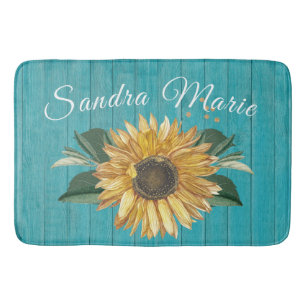 Rustic Golden Yellow Sunflower Teal Wood Bath Mat