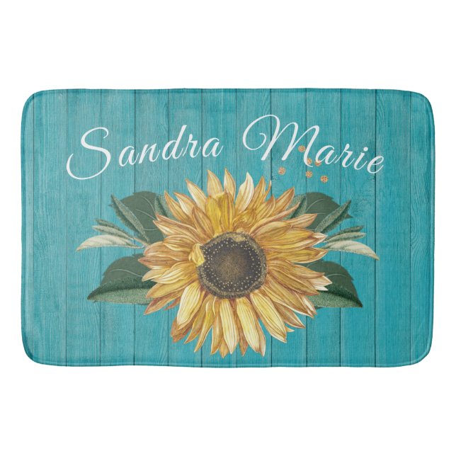 Rustic Golden Yellow Sunflower Teal Wood |   Bath Mat (Front)