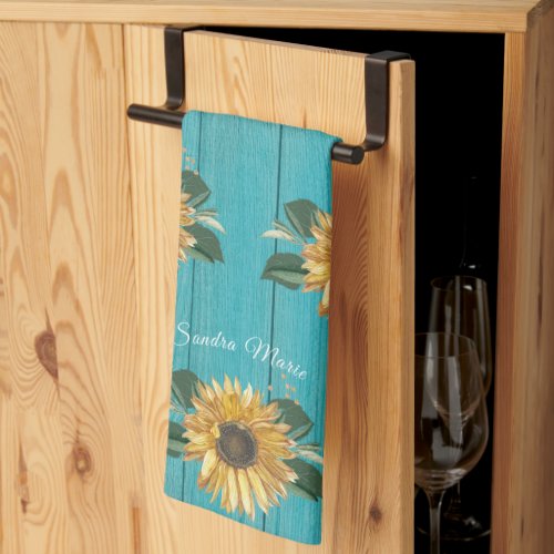 Rustic Golden Yellow Sunflower Teal Wood  Bath Tow Kitchen Towel