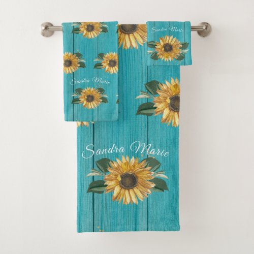 Rustic Golden Yellow Sunflower Teal Wood  Bath Towel Set