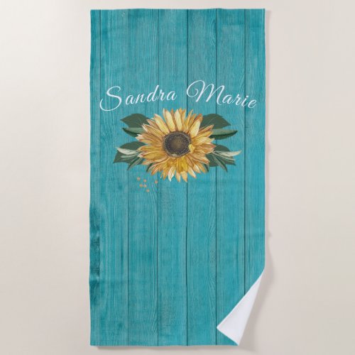 Rustic Golden Yellow Sunflower Teal Wood    Beach Towel