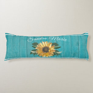 Rustic Golden Yellow Sunflower Teal Wood Body Pillow