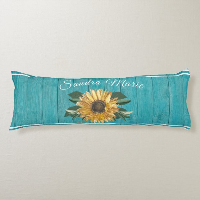 Rustic Golden Yellow Sunflower Teal Wood |  Body Pillow (Front)