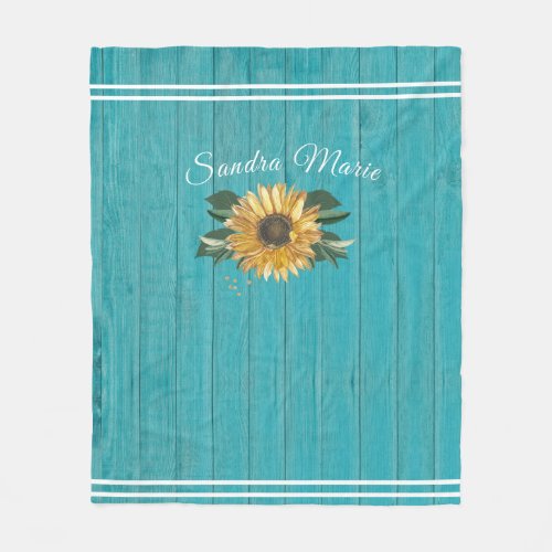 Rustic Golden Yellow Sunflower Teal Wood     Fleece Blanket