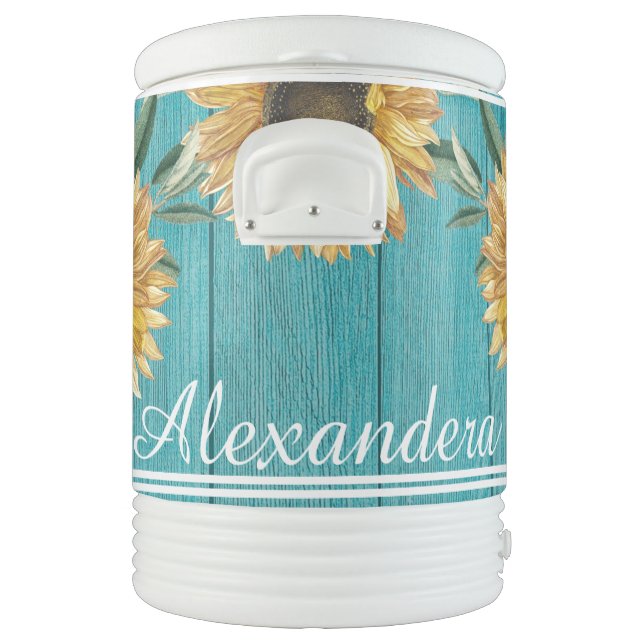 Rustic Golden Yellow Sunflower Teal Wood | name  Beverage Cooler (Left)