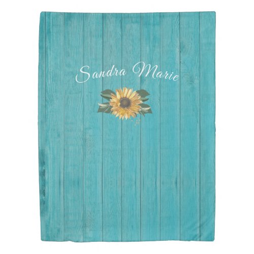 Rustic Golden Yellow Sunflower Teal Wood  name Duvet Cover