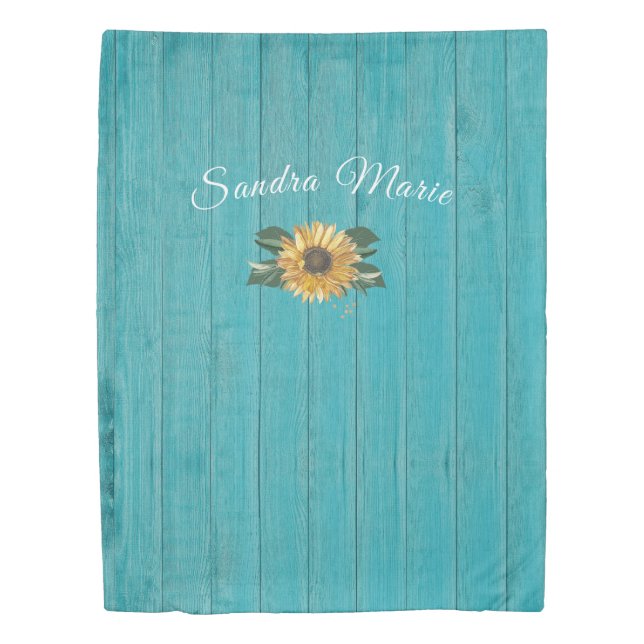 Rustic Golden Yellow Sunflower Teal Wood | name Duvet Cover (Front)