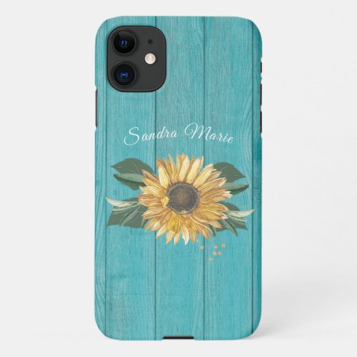 Rustic Golden Yellow Sunflower Teal Wood  name   iPhone 11 Case
