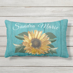 Rustic Golden Yellow Sunflower Teal Wood name O Lumbar Pillow