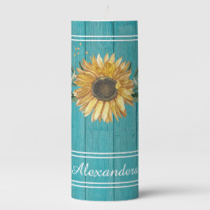 Rustic Golden Yellow Sunflower Teal Wood name Pillar Candle
