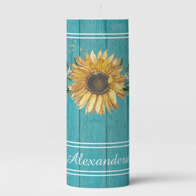Rustic Golden Yellow Sunflower Teal Wood | name  Pillar Candle (Front)