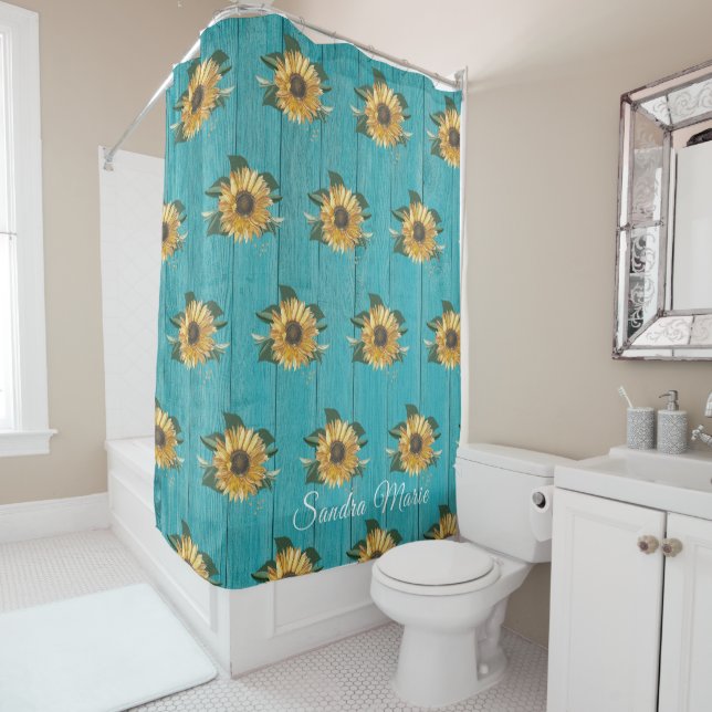 Rustic Golden Yellow Sunflower Teal Wood | name  Shower Curtain (In Situ)