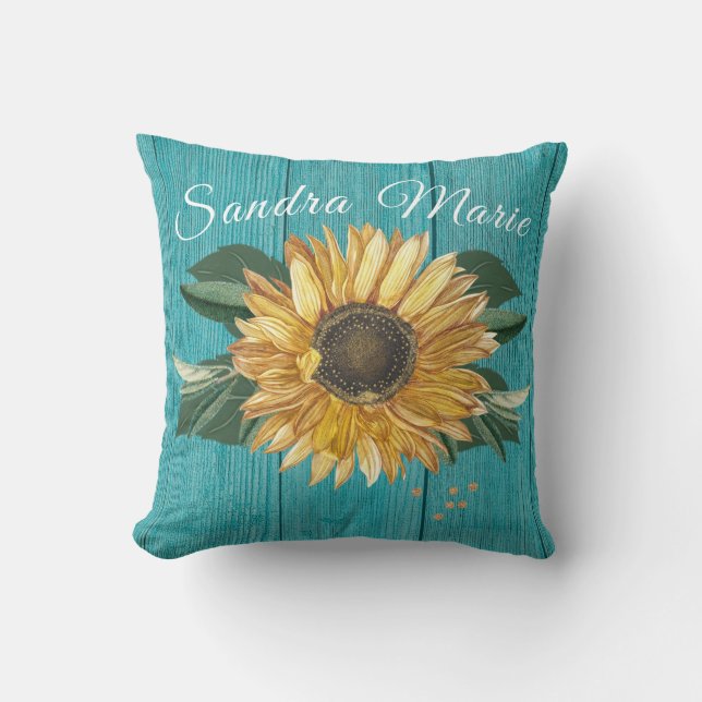 Rustic Golden Yellow Sunflower Teal Wood | name Throw Pillow (Front)