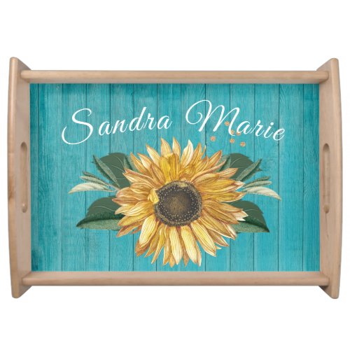 Rustic Golden Yellow Sunflower Teal Wood Serving Tray