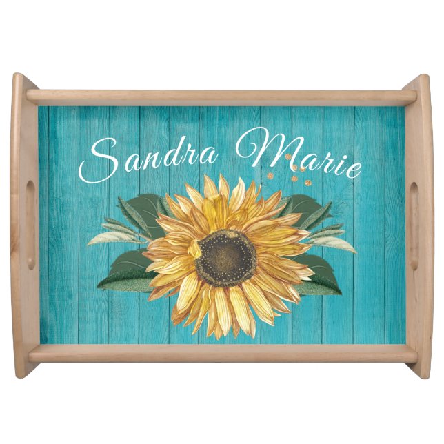 Rustic Golden Yellow Sunflower Teal Wood Serving Tray (Front)