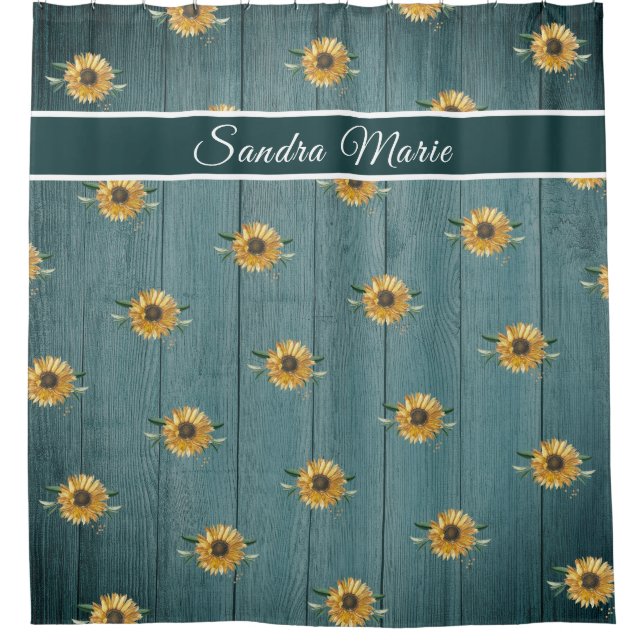 Rustic Golden Yellow Sunflower Verde Green Wood | Shower Curtain (Front)