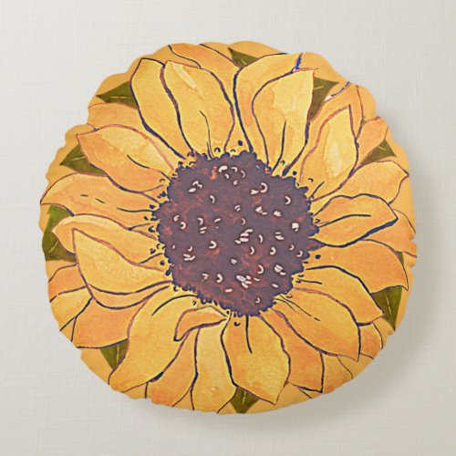 Rustic Golden Yellow Sunflower watercolor floral R Round Pillow