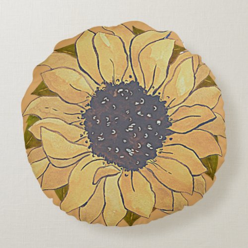 Rustic Golden Yellow Sunflower watercolor floral R Round Pillow