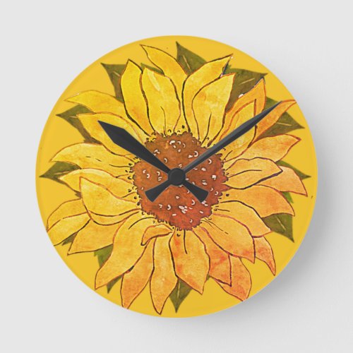 Rustic Golden Yellow Sunflower watercolor floral  Round Clock