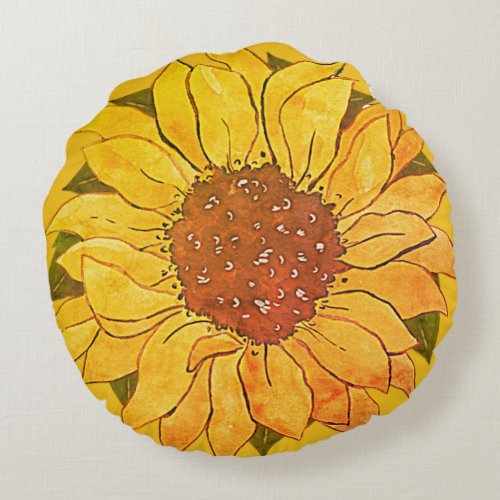 Rustic Golden Yellow Sunflower watercolor floral Round Pillow