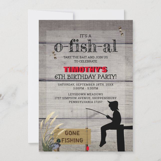 Rustic 'Gone Fishing' Kids Birthday Party Invitation (Front)