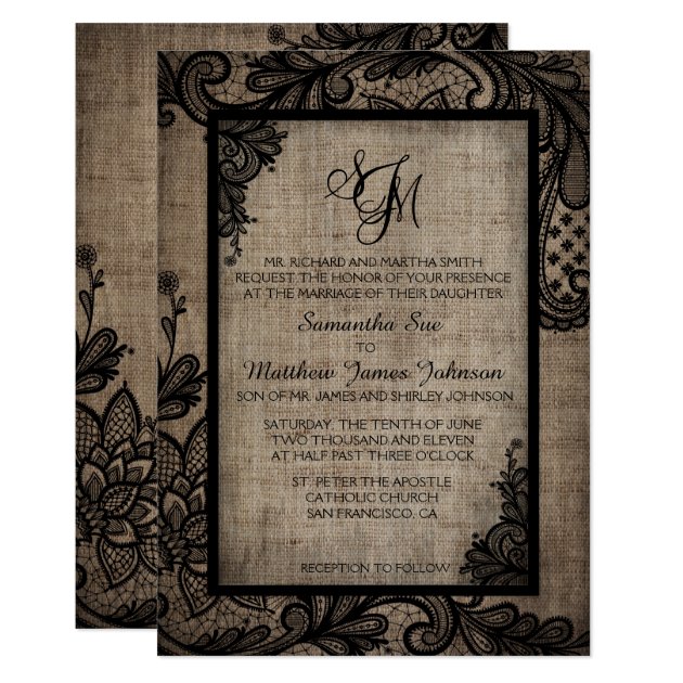 Rustic Goth Black Lace Burlap Wedding Invitation