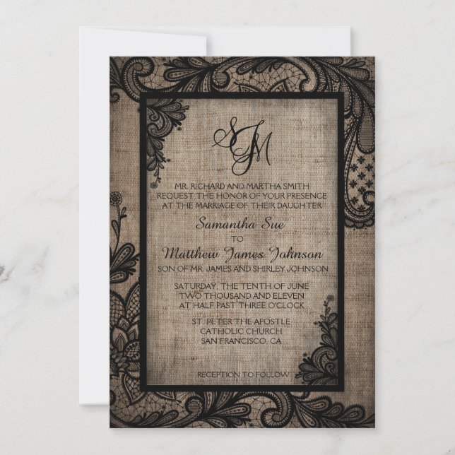 Rustic Goth Black Lace Burlap Wedding Invitation (Front)