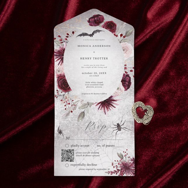 Rustic Gothic Black & Burgundy Floral QR Code All In One Invitation (Also available without a QR code; with or without dinner selection options.)