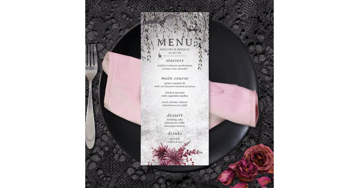 Rustic Gothic Black & Burgundy Halloween Long Menu | Zazzle