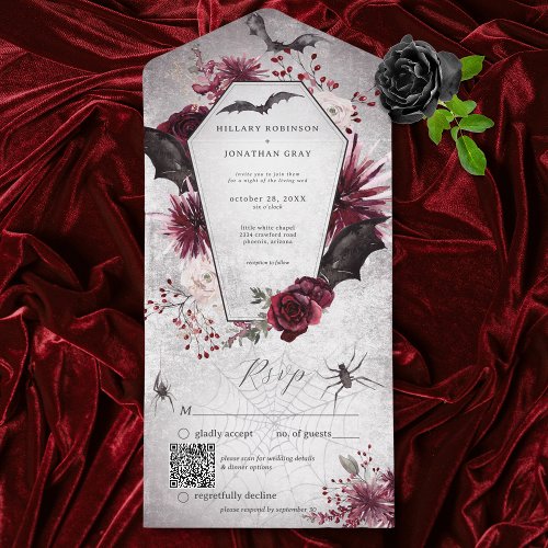 Rustic Gothic Black Burgundy Halloween QR Code All In One Invitation