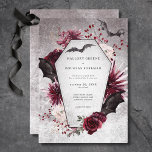 Rustic Gothic Black & Burgundy Halloween Wedding Invitation<br><div class="desc">Step into a realm of dark romance with our exquisite gothic or Halloween wedding invitation that seamlessly blends rustic elegance with a touch of eerie allure. Adorned with intricate pink, burgundy, and black florals, this invitation is a mesmerizing masterpiece that captures the essence of your unique love story. Against a...</div>