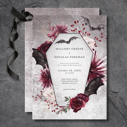 Rustic Gothic Black  Burgundy Halloween Wedding Invitation