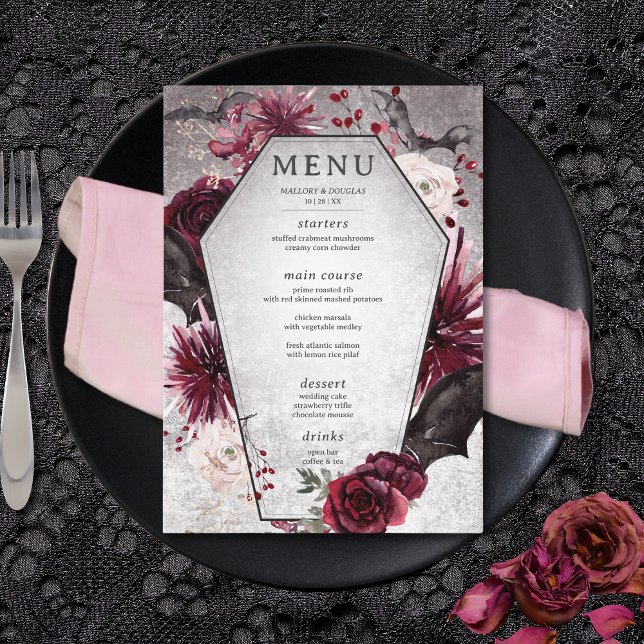 Rustic Gothic Black & Burgundy Halloween Wedding Menu (Rustic Gothic Black & Burgundy Halloween Wedding Menu)