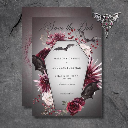 Rustic Gothic Black  Burgundy Halloween Wedding Save The Date