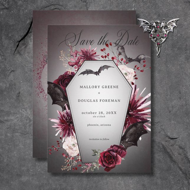 Rustic Gothic Black & Burgundy Halloween Wedding Save The Date (Rustic Gothic Black & Burgundy Halloween Wedding Save The Date)